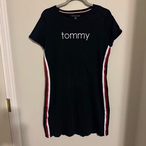 Tommy Hilfiger T Shirt dress navy blue red and white stripes on side